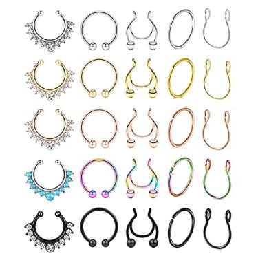 Imagem de YOVORO Anel de nariz falso de aço inoxidável, 25 peças, para homens, mulheres, lábio falso, orelha, septo, joia corporal não perfurada, Metal, n/a