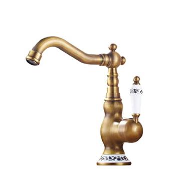 Imagem de Torneira de cozinha de latão antigo Torneira misturadora quente e fria Torneira de banheiro de furo único Guindaste giratório Punho de porcelana azul e branco, um curto