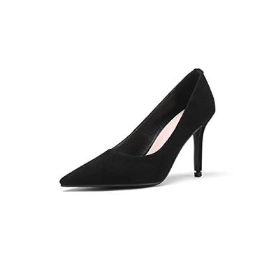 Imagem de TinaCus Sapato feminino de camurça, bico fino, feito à mão, salto alto, salto alto, gracioso, sapato social, Preto, 34