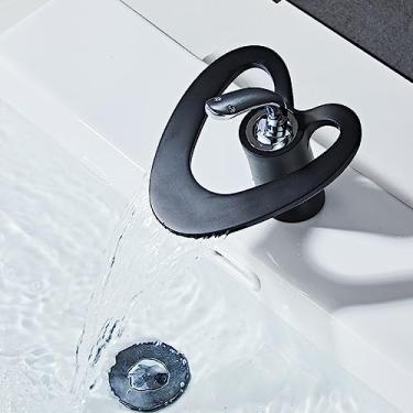 Imagem de Torneira de lavatório em cascata Misturador de água fria e quente Torneira de pia de banheiro Torneiras de lavatório montadas no convés, SLT239, preto