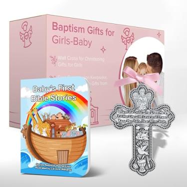 Imagem de Imerance Conjunto de presentes de batismo de bebê para meninas, inclui cruz de parede batismal, livro de histórias de bebê emocionante em caixa de presente de lembrança, presente para o Oriente, Natal