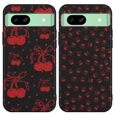 Imagem de Zrutru Pacote com 2 capas de celular com desenho animado cereja para Google Pixel 8A 6,1 polegadas, lindas capas com estampa de laço de cereja kawaii, design estético, capa protetora de TPU preta para