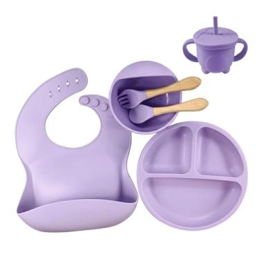 Imagem de Kit Refeição Infantil com 6 Peças em Silicone Antiderrapante Inclui Prato Tigela Copo Talheres e Babador Ajustável (Lilás)