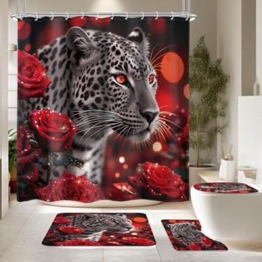 Imagem de LIGHTINHOME 4 peças de cortina de chuveiro rosa vermelha e leopardo, safári selvagem, animal, flor africana, vida selvagem africana, 182 cm L x 182 cm A, conjunto de tapetes de banheiro