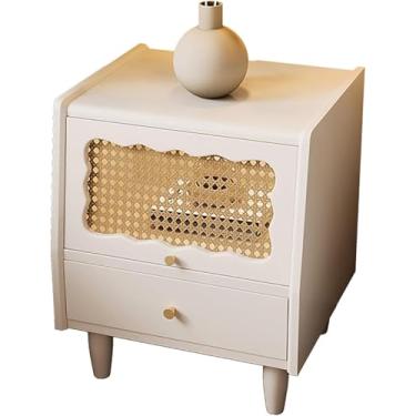Imagem de Mesa De Cabeceira De Madeira, Mesas De Cabeceira Com 2 Gavetas De Armazenamento, Armário Lateral Com Porta De Ratten E Porta De Vidro, Adequado Para Quarto, White+rattan Door
