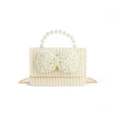 Imagem de Feelorna Bolsa transversal de palha para mulheres, bolsa de ombro pequena moderna com corrente, linda bolsa de tecido com laço de pérola para uso diário, Bege, Small, Moderno