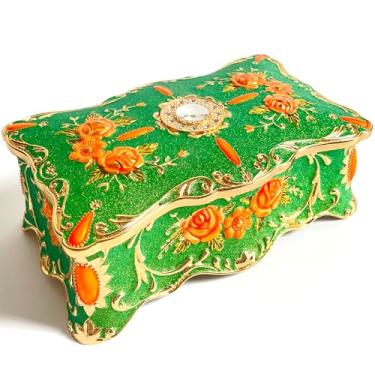 Imagem de Baú de joias rosa estilo pastoral caixa de metal bugiganga vintage bandeja de armazenamento de pedras preciosas lembrança de tesouro estojo de presente para meninas e mulheres (verde estrelado dourado