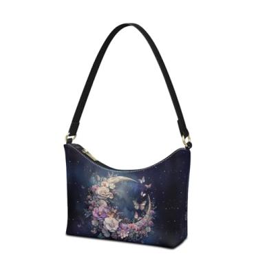 Imagem de Nittanovaca Bolsa sob o braço para mulheres e mulheres, bolsa de ombro de couro com zíper, bolsas pequenas à prova d'água para compras, Borboleta lua floral azul e roxa