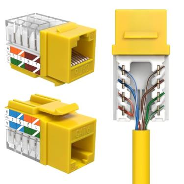 Imagem de cctv_4less Conector de parede Ethernet Cat6 Keystone Punch Down UTP 45 graus (terminação mais fácil do que 90 graus), terminação de velocidade de perfil fino RJ45 amarelo ângulo de 45° pacote com 50