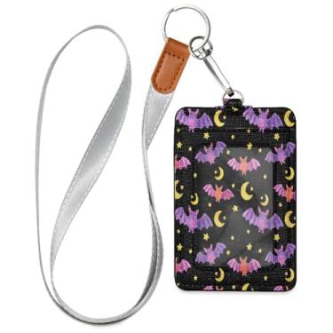 Imagem de Wassud Porta-crachá de couro PU Night Cute Bats com cordão, porta-cartão de identificação para trabalho, cordão de pescoço com compartimentos para cartões de crédito, funcionários, estudantes, 39,9 cm
