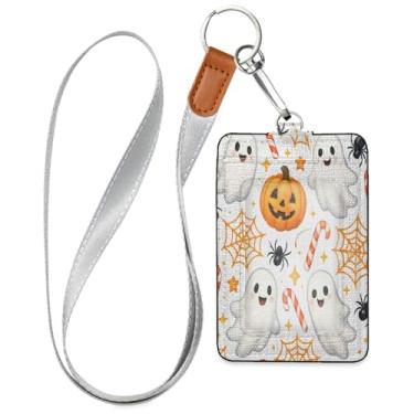 Imagem de Wassud Porta-crachá de couro PU Halloween Boo Candy com cordão, porta-cartão de identificação para trabalho, cordão de pescoço com compartimentos para cartões de crédito, funcionários, estudantes