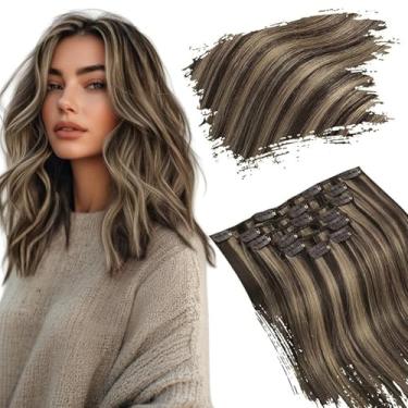 Imagem de Ugeat Extensões de cabelo humano real destaques castanho Remy extensões de cabelo em cabelo humano castanho escuro com grampo de cabelo humano loiro caramelo em extensões de cabeça inteira 16