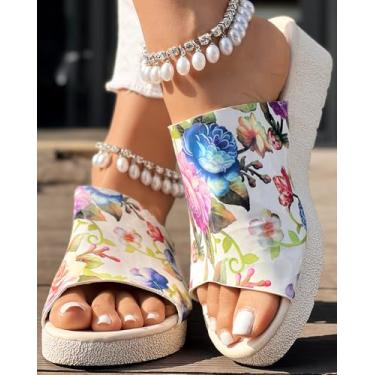 Imagem de Pantufa feminina com estampa floral plataforma Peep Toe para uso casual diário nas férias, Bege, 37