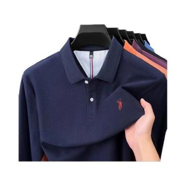 Imagem de Camisa Polo Masculina De Manga Longa 100% Algodão Puro, Marca De Desig