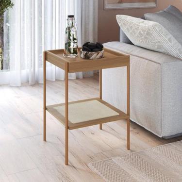 Imagem de Mesa Lateral Quadrada com Prateleira 43cm Palhinha Pé Metal Oslo Bege 