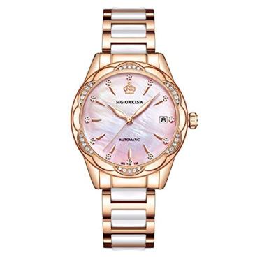 Imagem de Relógio feminino de cerâmica automático, relógio de pulso elegante brilhante com strass, mostrador de madrepérola com janela de data, relógio de pulso de aço inoxidável para mulheres e meninas, rosa