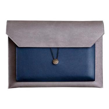 Imagem de Enyuwlcm Pasta de arquivo A4 de couro PU porta-documentos carteira envelope pasta com 2 compartimentos cinza e azul