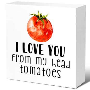 Imagem de Decoração rústica de placa de cozinha, I Love You from My Head Tomates Wood Block Signs, Farmhouse Kitchen Wooden Box Sign Decor for Kitchen Shelf Counter Desk Table Decor V610