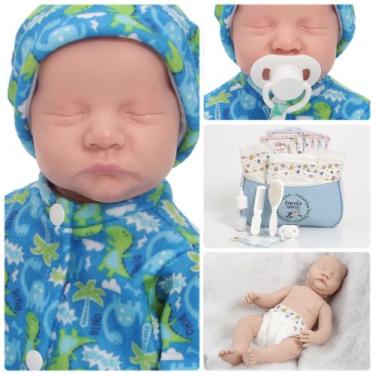 Imagem de Boneco Reborn 100% Silicone Dormindo Macacão Dino + Itens - Cegonha Re