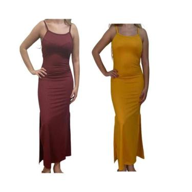 Imagem de KIT C/2 Vestidos Longo Canelado com Fenda - Emporio J, Vinho, Mostarda