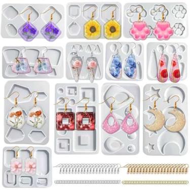 Imagem de AQXYTK 162 peças de kit de fabricação de joias de resina, 12 moldes de silicone com 80 peças de achados de ouro e prata, moldes de brinco com furos embutidos para artesanato DIY para brincos de epóxi