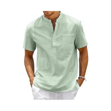 Imagem de Camisa Casual De Praia Masculina Vintage De Algodão E Linho Com Gola H