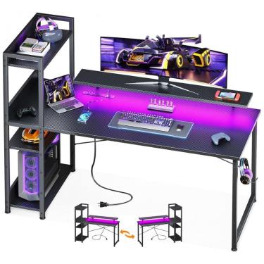 Imagem de Mesa Gamer Reversível ODK 140 cm Fibra de Carbono Preto com Luzes LED, Tomadas USB, Prateleiras Ajustáveis e Suporte para Monitor