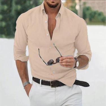Imagem de Camisa Casual Masculina De Algodão E Linho De Manga Longa, Corte Solto