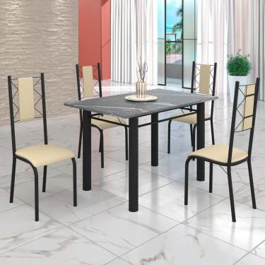 Imagem de Conjunto Sala de Jantar Bahia Mesa Tubo 120x75cm Tampo Pedra Granito Topázio com 4 Cadeiras Creme/Preto Fosco