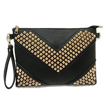 Imagem de NIGEDU Bolsa clutch grande feminina de couro PU bolsa tiracolo bolsa de ombro cravejada bolsa de pulso rebite envelope embreagens, Preto e dourado, Large