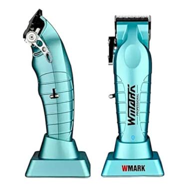 Imagem de kit Maquina Cortar Cabelo e acabamento Wmark Ng133 e NG317 Azul Com Base Profissional