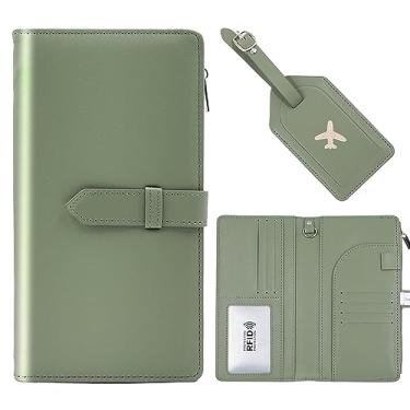 Imagem de Deziliao DE0068 Conjunto de porta-cartão de passaporte e vacina, porta-passaporte de couro PU com compartimento para cartão de vacina, carteira de passaporte para homens e mulheres, Verde, Moderno