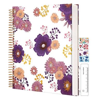 Imagem de CAGIE Caderno espiral de capa dura 20,5 x 11, caderno espiral floral de 200 páginas com bolsos, cadernos grandes encadernados em espiral para mulheres e meninas, roxo