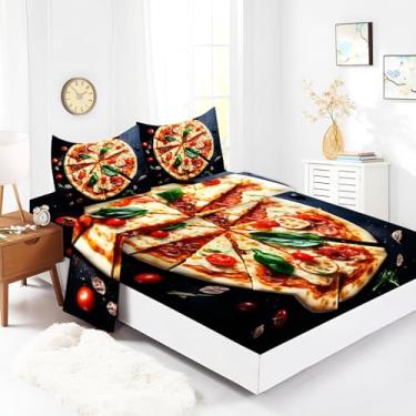 Imagem de Bhoyctn Jogo de lençol King Gourmet Pizza, 4 peças, multicolorido, lençol de cima estampado com bolso profundo de 40,6 cm, 100% microfibra, ultramacio e agradável à pele