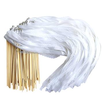 Imagem de Kingsnow 100 Pieces Lace Wedding Ribbon Wands with Triple Ribbon and Silver Bell Wand Silk Fairy Stick Wand Streamers Party Ribbon Sticks Magic Fairy Wands for Wedding Bridal Shower Photo Prop Send