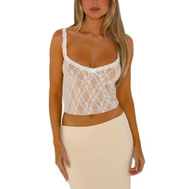 Imagem de Regata feminina Y2k sexy de renda com alças finas, sem mangas, bustiê, camiseta para sair, G - branco, M