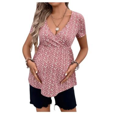 Imagem de BEAUDRM Camiseta feminina para gestantes, estampa floral, manga curta, gola V, roupas de gravidez, Rosa empoeirado, M