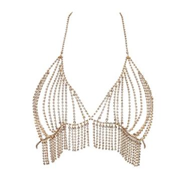 Imagem de Navoky Corrente de peito de strass em camadas biquíni de praia correntes corporais sutiã borla moda acessórios de peito joias para mulheres e meninas, one size