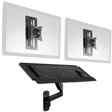 Imagem de VIVO Suporte de parede para monitor duplo de 17 a 32 polegadas com bandeja de teclado de braço pneumático combinado, altura ajustável, VESA máximo 100 x 100 mm, preto, montagem-VWKB2