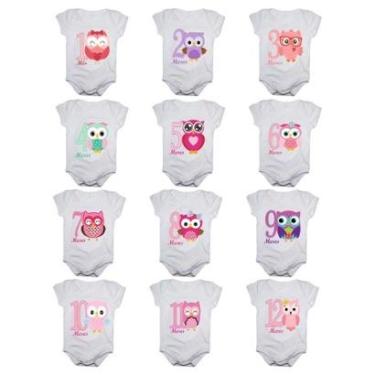 Imagem de Kit 12 Body Bebê Calupa Mesversario Manga Curta Corujinhas 1 A 12 Meses Feminino-Feminino