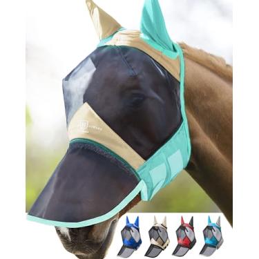 Imagem de Harrison Howard Máscara de cavalo luminosa Pro Luminous nariz longo com orelhas proteção UV para cavalo champanhe ouro/menta pequeno pônei