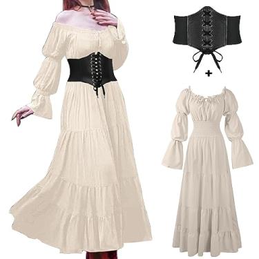 Imagem de BITSEACOCO Vestido de Halloween Renascentista para mulheres, vestido de fada irlandesa medieval vitoriana pirata pirata camponesa fantasia de bruxa irlandesa, Bege, 3G