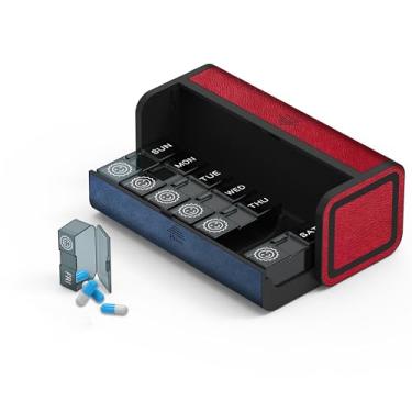 Imagem de Kqimi Organizador semanal de comprimidos para 7 dias, caixa 2 vezes por dia, caixa de medicamentos Am Pm, estojo removível de couro de à prova de umidade diário (vermelho e azul)