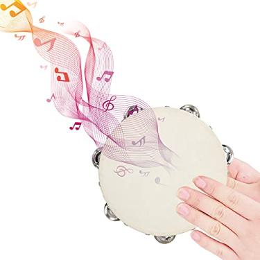 Imagem de Pandeiro de Pele de Carneiro Portátil de 4 Polegadas Com Círculo de Tambor de Madeira e Jingles de Metal para Crianças e Adultos, Instrumento Musical para Festa, Dança,