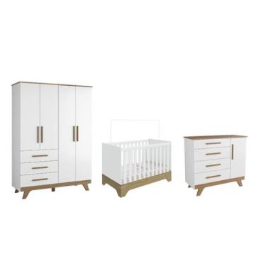 Imagem de Quarto Completo Bebê Retro Moveis Peroba Berço Popy MDF, Branco Carval