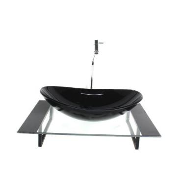 Imagem de Kit cuba de vidro oval com tampo 60cm preto e suporte preto - CUBAS E 