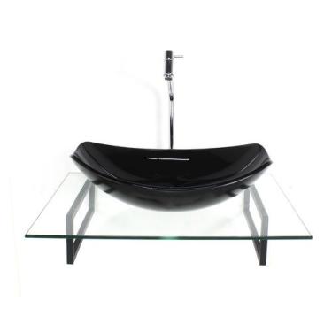 Imagem de Kit cuba de vidro oval chanfrada preta com tampo 60cm incolor e suport