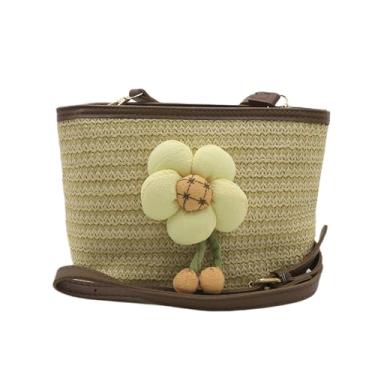 Imagem de Bolsa transversal de palha para mulheres e meninas, bolsa de ombro de palha, bolsa transversal, Flor cor café