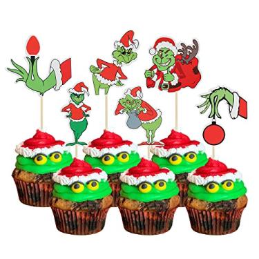 Imagem de Gyufise 36 peças Gnch Christmas Cupcake Toppers Merry Christmas Cupcake Toppers Grch Decorações de Bolo Feliz Natal Tema Feriado Aniversário Festa Decoração de Bolo Suprimentos