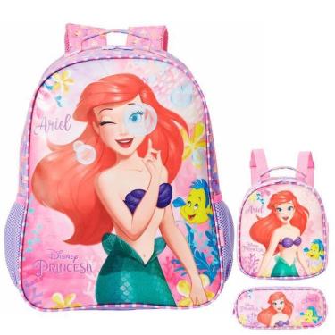 Imagem de Kit Mochila Escolar Princesa Ariel Alças Costas G Infantil